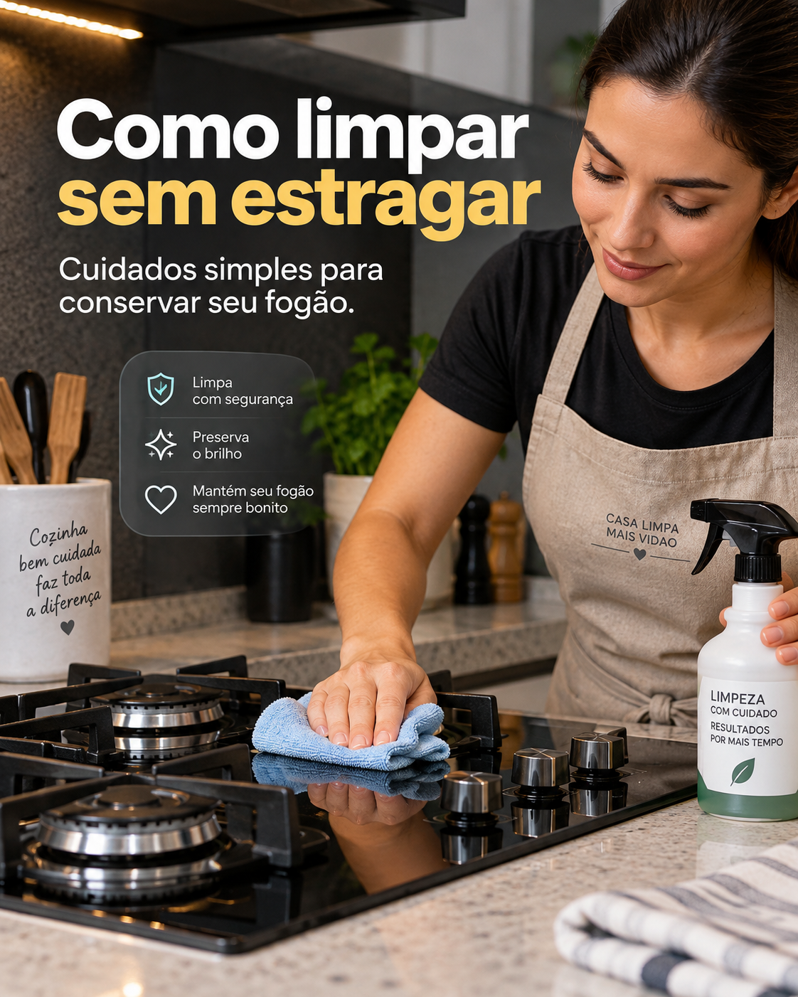 Limpeza cuidadosa de cooktop a gás com pano de microfibra