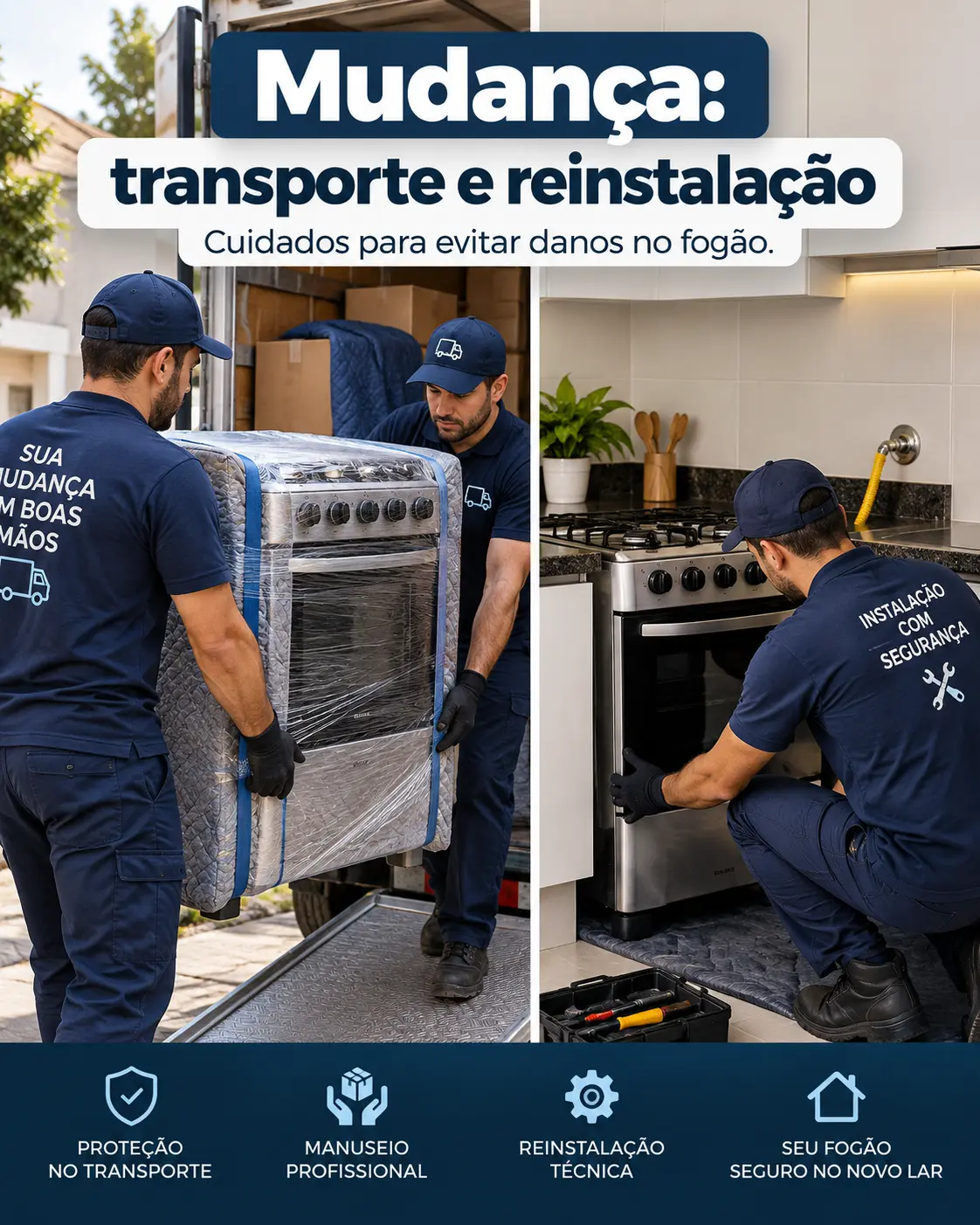 Fogão embalado sendo transportado na mudança e reinstalado por técnico